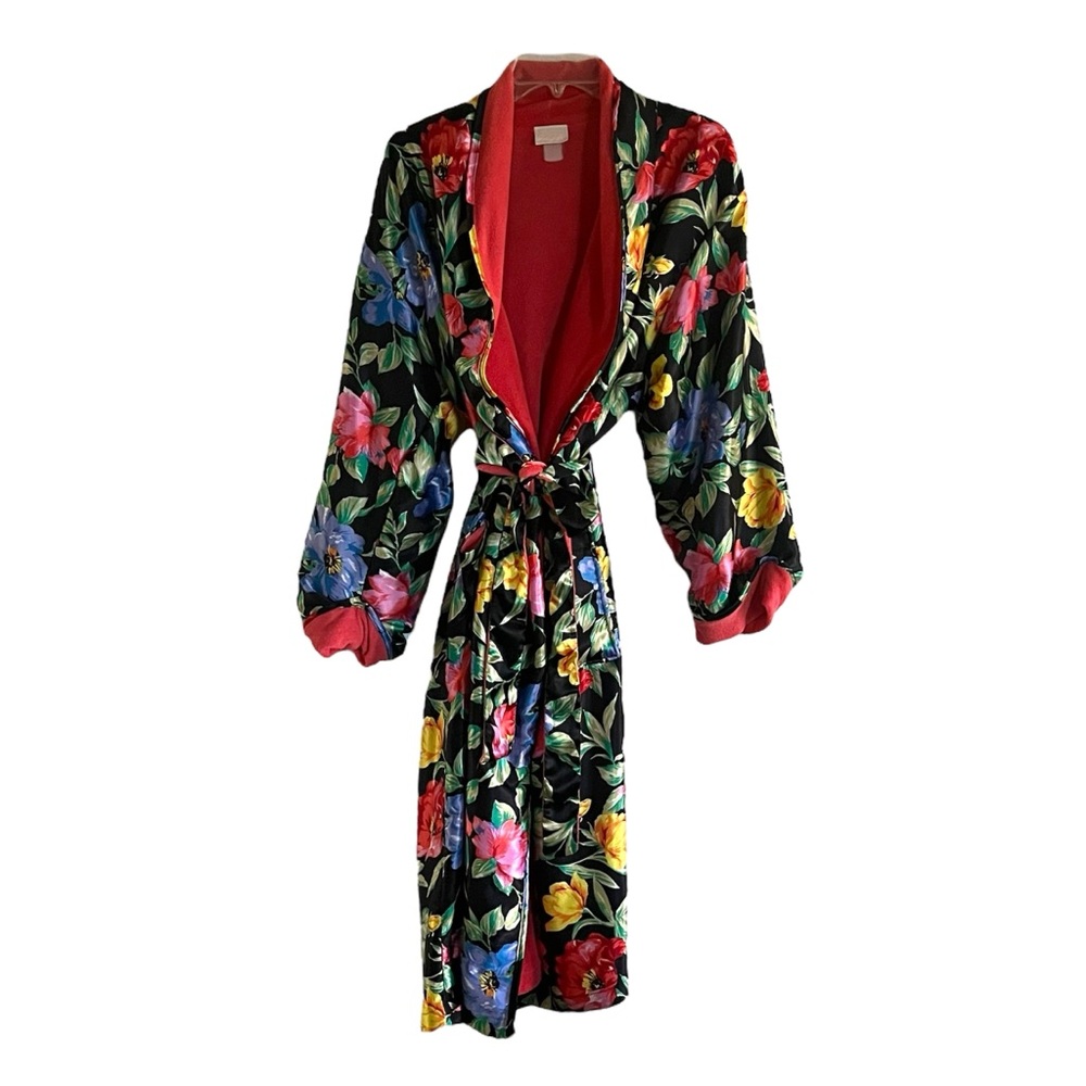 Old Hollywood Vibe Floral Satin & Coral Terrycloth Full Length Vtg  Adonna Robe